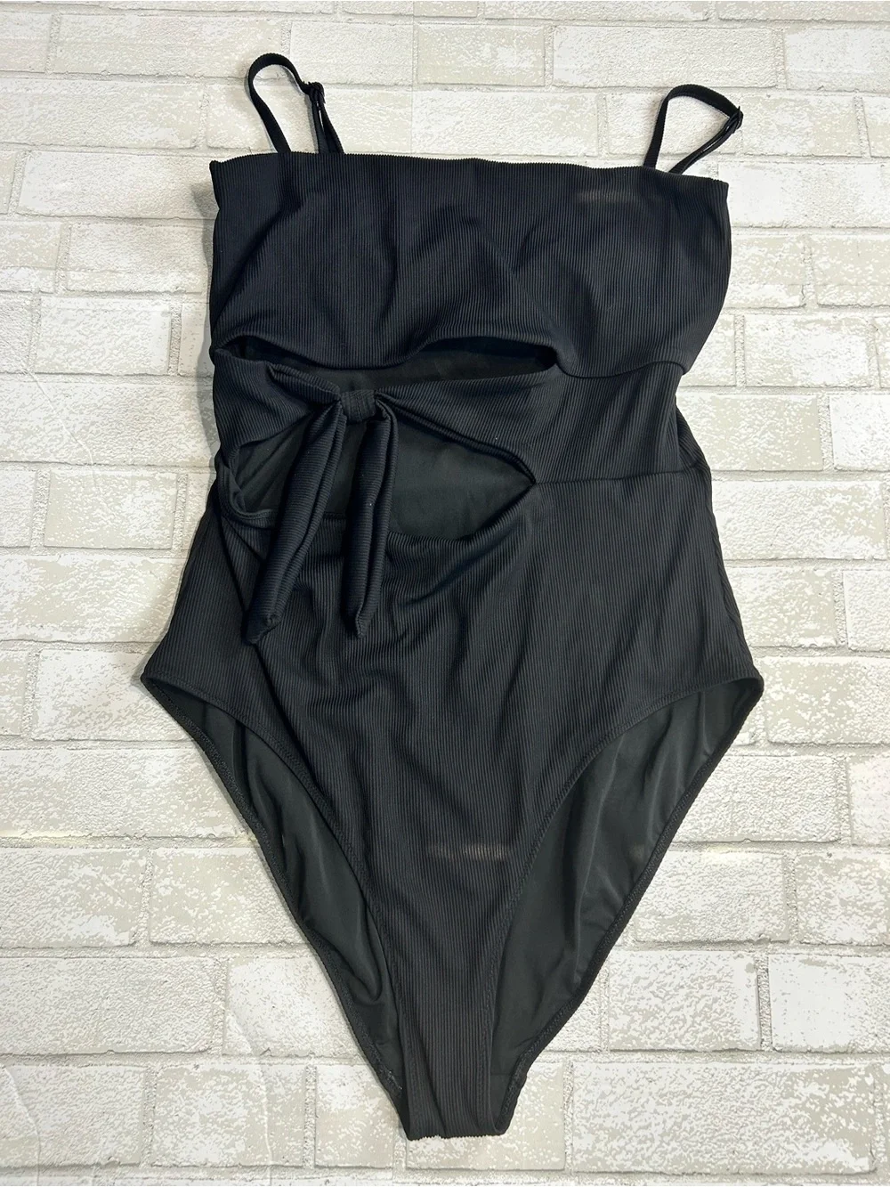 Aerie Ribbed Black One-Piece Swimsuit with Front Tie Size XXL Long